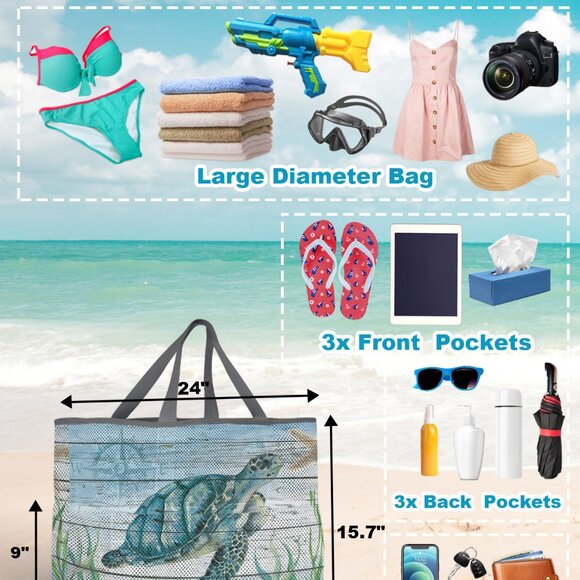 New Extra Large Sea Turtle Scene 7 Pocket Mesh Sand-Proof Beach Bag - Picture 4 of 6